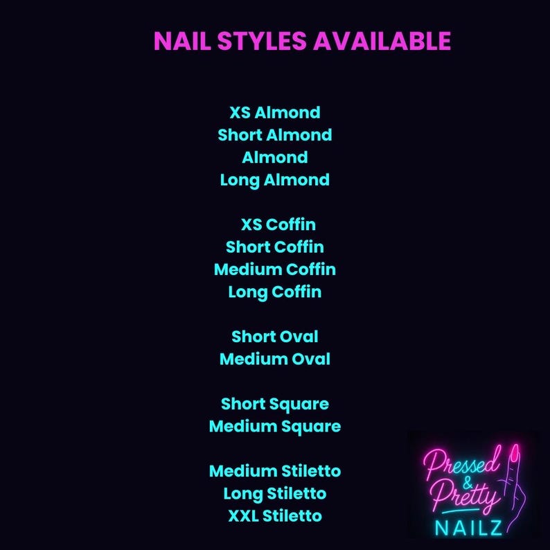 Op de afbeelding: Een neonbord op een zwarte achtergrond toont verschillende nagelstijlen: XS Almond, Short Almond, Almond, Long Almond, XS Coffin, Short Coffin, Medium Coffin, Long Coffin, Short Oval, Medium Oval, Short Square, Medium Square, Medium Stiletto, Long Stiletto en XXL Stiletto.
