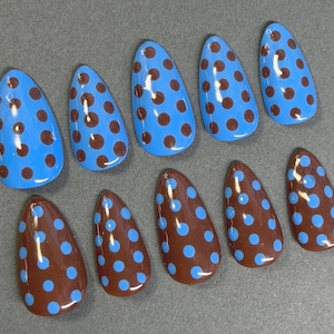 Blue & Brown Polka Dot Press On Nails | Fall Nails | Polka Dot Press Ons | Winter Nails | Retro Nails