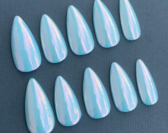 Cotton Candy Blue Press On Nails | Chrome Press Ons | Spring Nails | Summer Nails | Blue Pastel Press Ons | Iridescent Blue Press Ons