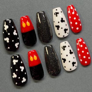 Disney Press Ons | Mickey Mouse Nails | Polka Dot Disney Nails | Custom Disney Press Ons | Reusable Press Ons | Red Black White Disney Nails