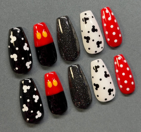 Disney Press Ons | Mickey Mouse Nails | Polka Dot Disney Nails | Custom Disney Press Ons | Reusable Press Ons | Red Black White Disney Nails