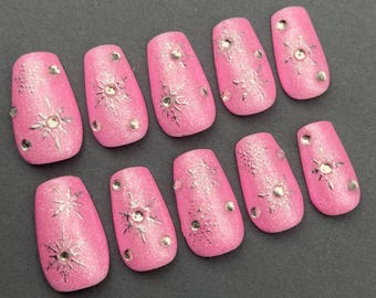 Pink Winter Press On Nails | Snowflake Nails | Pink Glitter Holiday Nails  | Pink Snowflake Press Ons | Rhinestone Nails | Christmas Nails