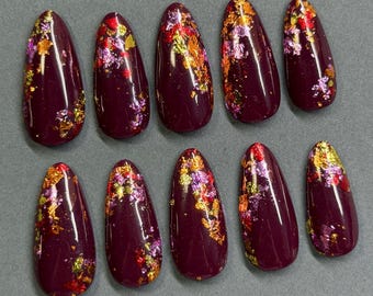 Burgundy Fall Press On Nails | Multicolored Fall Nails | Autumn Foil Nails | Fall Nail Set | Thanksgiving Press Ons | Burgundy Nails
