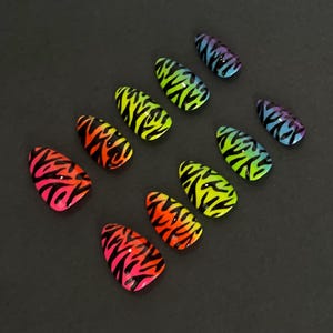 Neon Zebra Print Press On Nails: Hand-Painted Gel, Rainbow Gradient