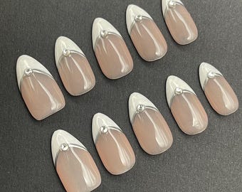 Pearl White French Tip Nail | Bridesmaid Nails | Wedding Nails | Bridal Nails | White Nails | Pearl Nails | Diamond Rhinestone Nails