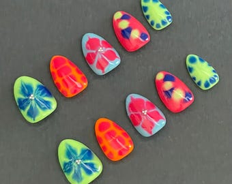 Floral Press On Nails | Painted Gel Nail | Bright Press Ons | Blooming Gel Nails | Multicolor Nails | Flower Nails