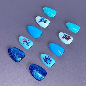 Disney Press Ons | Stitch Nails | Painted Gel Nails | Blue Nails | Custom Disney Press Ons | Lilo and Stitch Nails | Reusable Press Ons