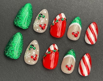 Christmas Mickey Mouse Press Ons | Disney Christmas Nails | Red & Green Disney Nails | Holiday Disney Nails | Candy Cane Press Ons