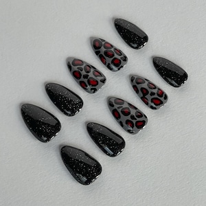 Leopard Print Nails | Black & Red Press Ons | Animal Print Nails | Black Glitter Nails | Black and Red Leopard Print | Fall Nails