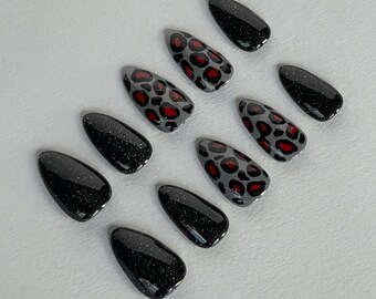 Leopard Print Nails | Black & Red Press Ons | Animal Print Nails | Black Glitter Nails | Black and Red Leopard Print | Multiple Shapes Avail