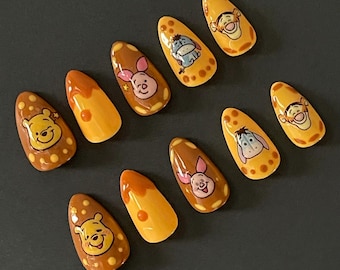 Winnie The Pooh Press Ons | Disney Press Ons | Custom Disney Press Ons | Disney Piglet Tigger Eeyore Nails | Cartoon Nails