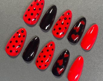 Red & Black Valentine’s Day Nails | Heart Press Ons | Red And Black Polkadot Nails | Valentine Heart Press Ons | Red Heart Nails