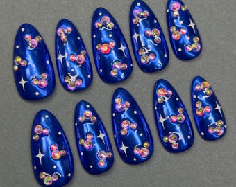 Disney Press On Nails | Blue Chrome Mickey Mouse Press Ons | Rhinestone Mickey Mouse Nails | Blue Disney Press Ons