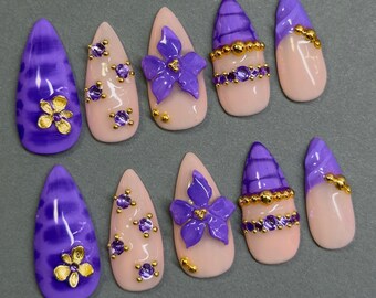 Purple Floral Press On Nails | 3D Flower Nails | Summer Nails | Spring Nails |  Purple French Tip Nails | Purple And Gold Nails