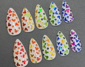Disney Press Ons | Mickey Mouse Rainbow Gradient Nails | Rainbow Nails | Rhinestone Nails | Custom Disney Press Ons | Rainbow Disney Nails