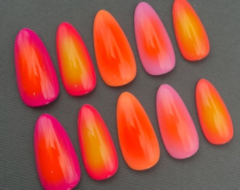 Neon Pink Press On Nails | Airbrushed Press On Nails | Neon Nails  | Spring Nails | Summer Nails | Pink Yellow Orange Nail | Sunset Nails