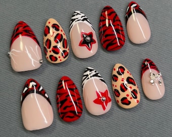 Red & Black Animal Print Nails | French Tip Nails | Animal Print Nails | Star Nails | Red Black White Press Ons | Zebra Leopard Print Nails