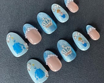 Cinderella Press Ons | Disney Nails | Painted Gel Nails | Blue Princess Nails | Reusable Press Ons | Pearl & Rhinestone Nails