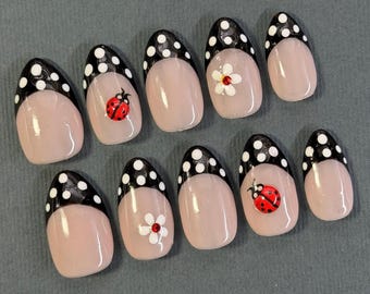 Polka Dot Nails With Lady Bug and Daisies | Lady Bug Press On Nails  | Polka Dot French Tip Nails | Summer Nails | Spring Nails
