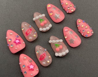 Sabrina Carpenter Inspired Nails | Rhinestone Nails | Star Nails | Cherry Nails | Pink Press on Nails | Glam Press Ons | Coquette Nails