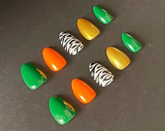 Zebra Print Nails | Green And Orange Press Ons | Animal Print Nails | Handmade Animal Print Nails | Zebra Press Ons | Reusable Press Ons