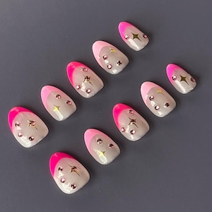 Pink French Tip Nails | Pink Rhinestone Nails | Pink Statement Nails | French Tip Press Ons | Multiple Shapes Available