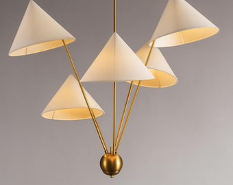 Brass Sputnik Chandelier - Mid-Century Modern Linen Shade Pendant Light