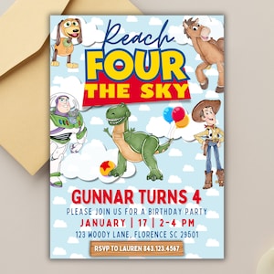 Editable Toy Story Birthday Invitation, Reach Four the Sky Editable Template, 4th Birthday Invitation, Digital Download, Toy Story Theme