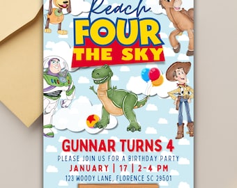 Editable Toy Story Birthday Invitation, Reach Four the Sky Editable Template, 4th Birthday Invitation, Digital Download, Toy Story Theme