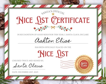 Santa Nice List Certificate Printable | Editable Canva Christmas Certificate | Personalized Santa Letter | Instant Download
