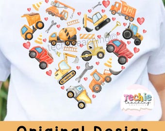 May include: White t-shirt featuring a heart-shaped design composed of various construction vehicles, including dump trucks, excavators, and cement mixers, along with red hearts and wrenches. The text "Original Design" is at the bottom.