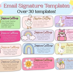 May include: A collection of colorful email signature templates with various illustrations, including a globe, a goose, a bow, a rainbow, and a pencil. Each template includes the name "Jessica Collins" and contact information.