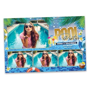 May include: A pool party invitation with a photo collage. The main image shows a woman blowing a kiss in front of a pool. The words "Pool Party" are in gold, with the names "Sierra & JoseCuervo" and "30th Birthday" below.