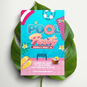 Könnte beinhalten: Eine lebendige Poolparty-Einladung mit dem Text "POOL Party". Die Einladung enthält Details für Sierras Sweet 16, mit Datum, Adresse und RSVP-Informationen. Das Design zeigt Pool-Themen-Grafiken wie einen Donut und eine Sonnenbrille.