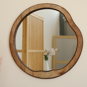 Wooden Framed Round Mirror, Walnut Round Mirror, Walnut Framed Round Wall Mirror, Decorative Wall Mirror, Round Mirror, Bathroom Wall Mirror