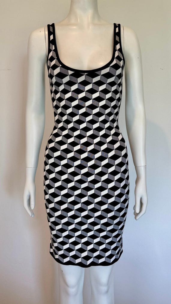 herve leger black white dress Cream tone colorblock design cut from body Vintage 1990s Herve Lger Black
