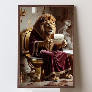 Royal Lion on the Toilet Reading a Scroll, Funny Bathroom Wall Art, Quirky Animal King Print, Humorous Home Decor, AI Digital Artwork