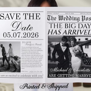 Könnte beinhalten: Eine Hochzeitsanzeige im Zeitungsstil mit der Überschrift "SAVE THE Date" und dem Datum "05.07.2026". Die Anzeige enthält ein Schwarz-Weiß-Foto eines Paares und den Text "Michael & Charlotte ARE GETTING MARRYD".