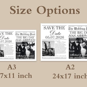 以下が含まれることがあります： 「Save the Date」と「The Big Day Has Arrived」の文字が入った白黒の結婚式のお知らせプリント。A3（43x28cm）とA2（61x43cm）のサイズがあります。お知らせには、カップルの写真と日付05.07.2026が含まれています。