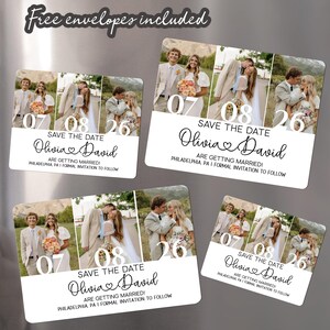 May include: Four rectangular wedding save-the-date cards with photos of a couple. The cards have the date "07 08 26" and the names "Olivia & David" with the text "ARE GETTING MARRIED! PHILADELPHIA, PA I FORMAL INVITATION TO FOLLOW". The words "Free envelopes included" are at the top.
