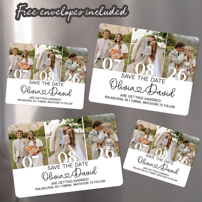 May include: Four rectangular wedding save-the-date cards with photos of a couple. The cards have the date "07 08 26" and the names "Olivia & David" with the text "ARE GETTING MARRIED! PHILADELPHIA, PA I FORMAL INVITATION TO FOLLOW". The words "Free envelopes included" are at the top.