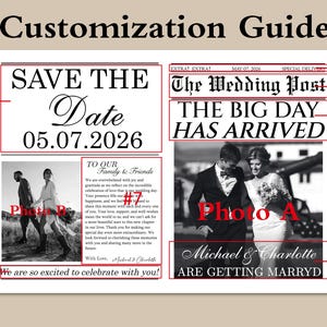 以下が含まれることがあります： 「The Wedding Post」という見出しと「The Big Day Has Arrived」というテキストが入った結婚の告知。日付05.07.2026、Michael & Charlotteの名前、そして「Are Getting Marryd」というフレーズが含まれています。
