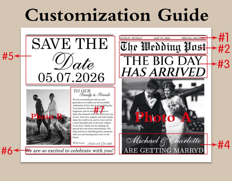 以下が含まれることがあります： 「The Wedding Post」という見出しと「The Big Day Has Arrived」というテキストが入った結婚の告知。日付05.07.2026、Michael & Charlotteの名前、そして「Are Getting Marryd」というフレーズが含まれています。