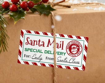 May include: A brown parcel tied with string, decorated with holly and red berries. A rectangular label reads "Santa Mail, Special Delivery" with "For: Emily From Santa Claus" and a Christmas seal.
