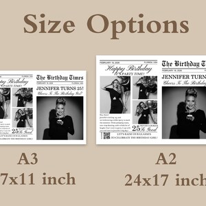 May include: Two newspaper-style prints with the headline "The Birthday Times" and the text "Jennifer Turns 25!" in black and white. The prints are labeled A3 (17x11 inches) and A2 (24x17 inches), with a beige background.
