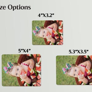 May include: The image displays three rectangular photo prints with size options: 4"x3.2", 5"x4", and 5.3"x3.5". Each print features a baby eating watermelon. The text "Size Options" is at the top.