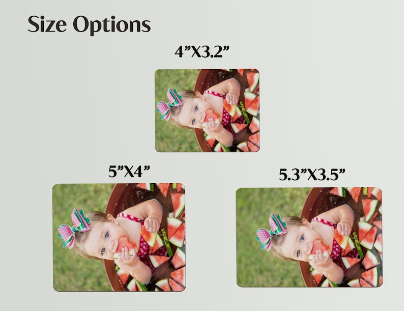May include: The image displays three rectangular photo prints with size options: 4"x3.2", 5"x4", and 5.3"x3.5". Each print features a baby eating watermelon. The text "Size Options" is at the top.
