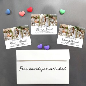 May include: Wedding save-the-date magnets with photos of a couple, the date 07/08/26, and the names Olivia & David. The magnets are white with black text and are accompanied by heart-shaped magnets and a white envelope.