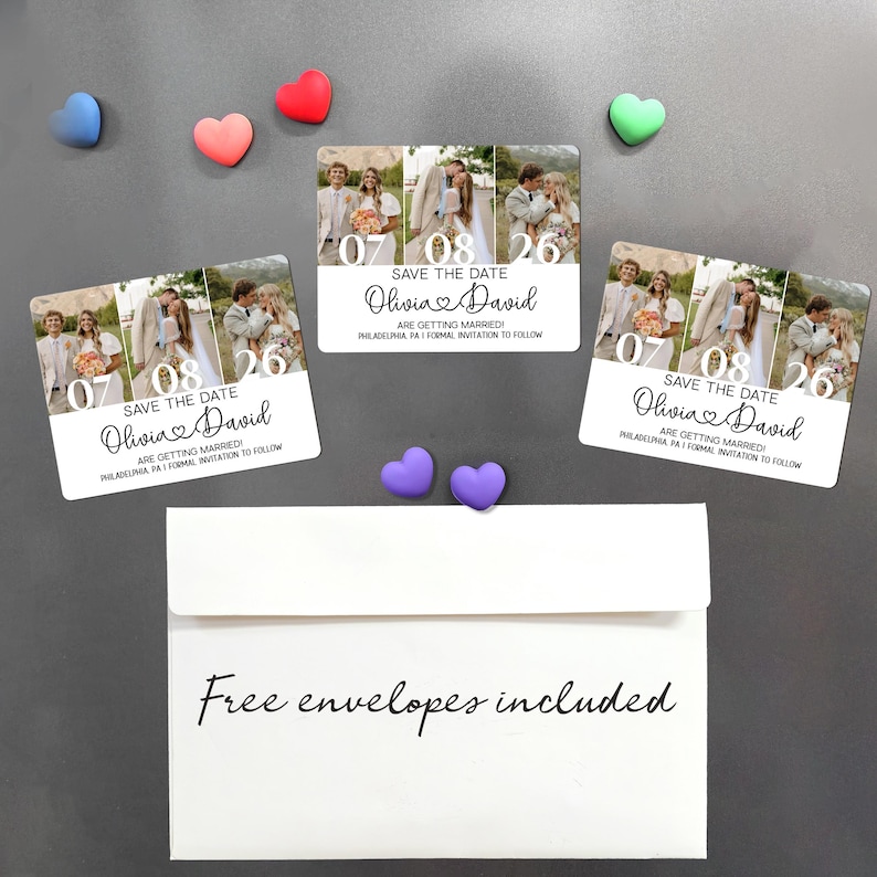 May include: Wedding save-the-date magnets with photos of a couple, the date 07/08/26, and the names Olivia & David. The magnets are white with black text and are accompanied by heart-shaped magnets and a white envelope.