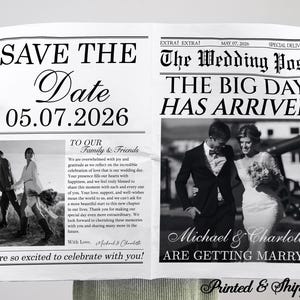 以下が含まれることがあります： 「Save the Date」という見出しと「05.07.2026」の日付が書かれた、新聞スタイルの結婚発表。カップルの写真と「The Big Day Has Arrived」というテキストが含まれています。